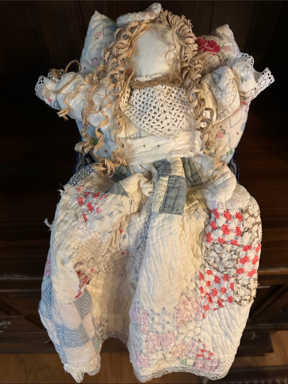 Handmade Rag Doll in Cream and Beige Patchwork Dress/very very old!